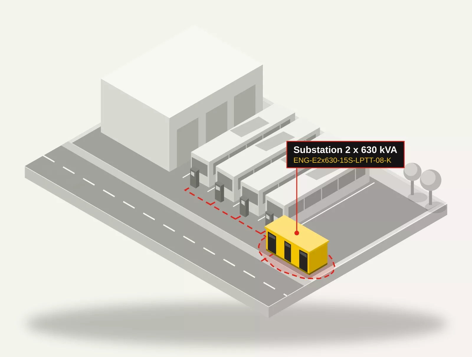 Model: EV charging transformer substation Energeks 2 x 630 kVA, ENG-E2x630-15S-LPTT-08-K