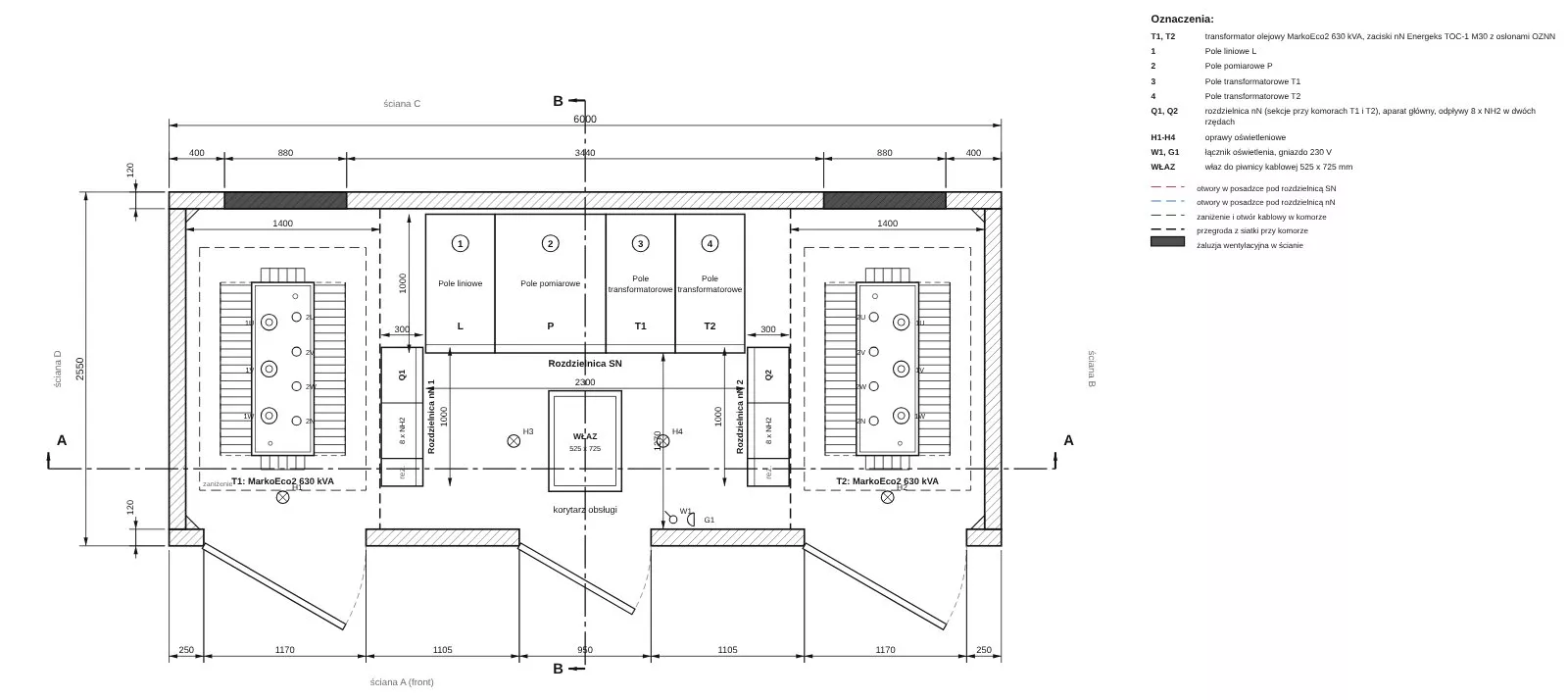 Rzut z rozmieszczeniem aparatury: stacja transformatorowa dla e-mobilności Energeks 2 x 630 kVA, ENG-E2x630-15S-LPTT-08-K-thumbnail