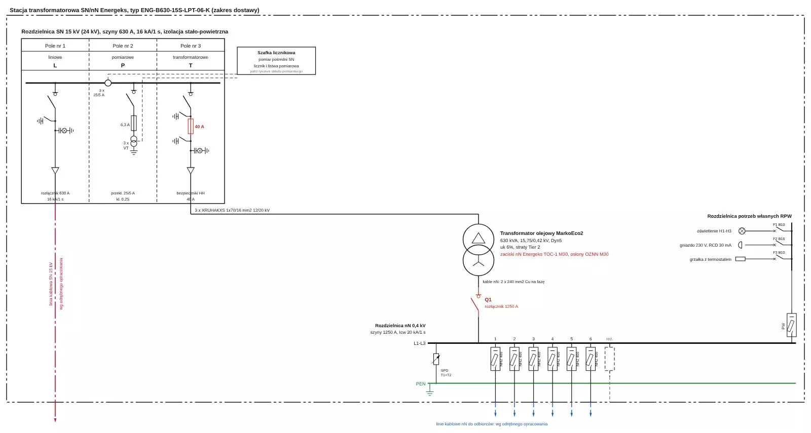 Schemat jednokreskowy: kontenerowa stacja transformatorowa z obsługą wewnętrzną Energeks 630 kVA, ENG-B630-15S-LPT-06-K-thumbnail