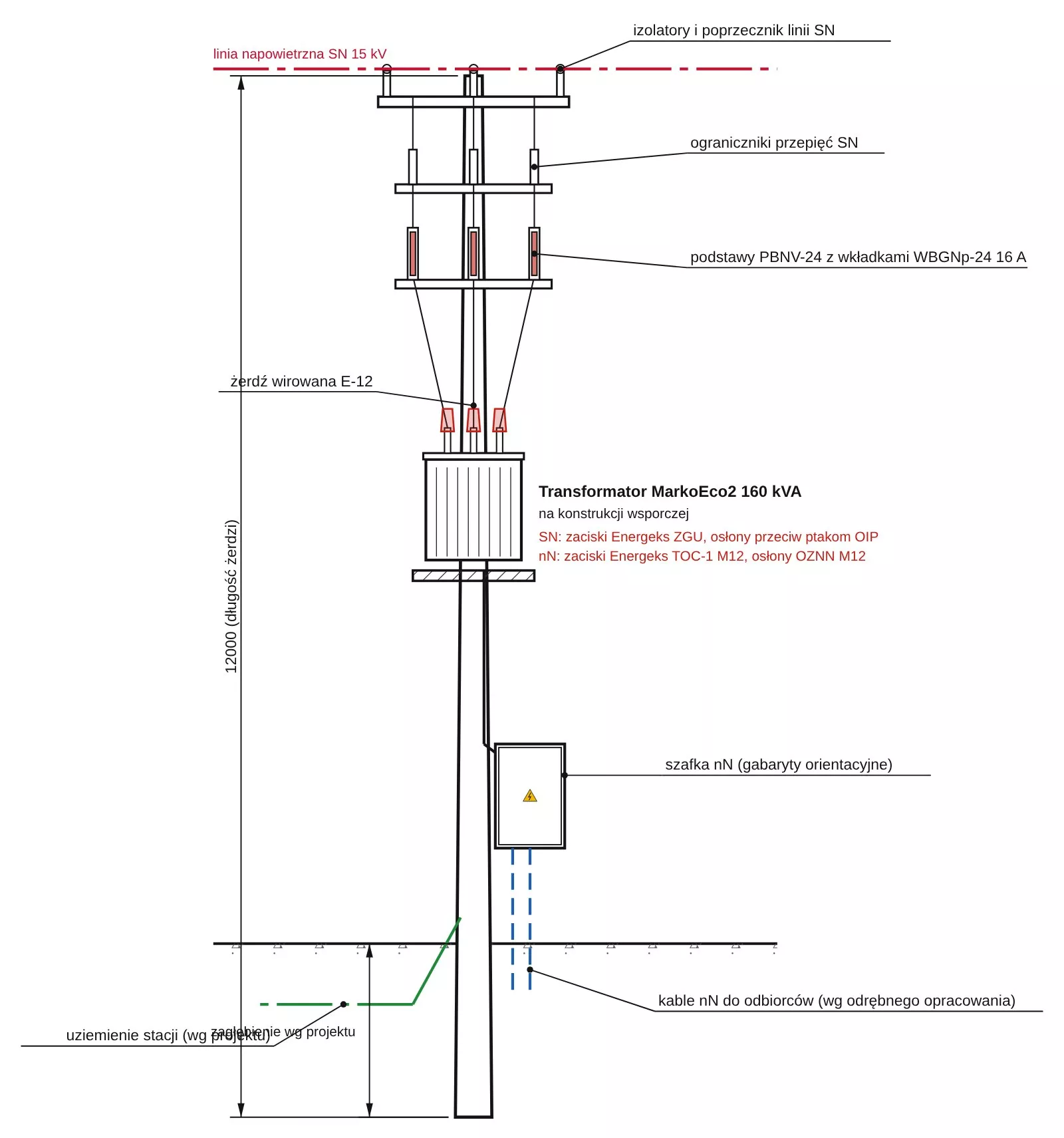 Widok stacji na żerdzi: słupowa stacja transformatorowa Energeks 160 kVA, ENG-F160-15-PB-04-thumbnail